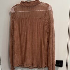 Adrianna Papell Sheer Ribbed Mock Neck Blouse in Pink with Gold Threading